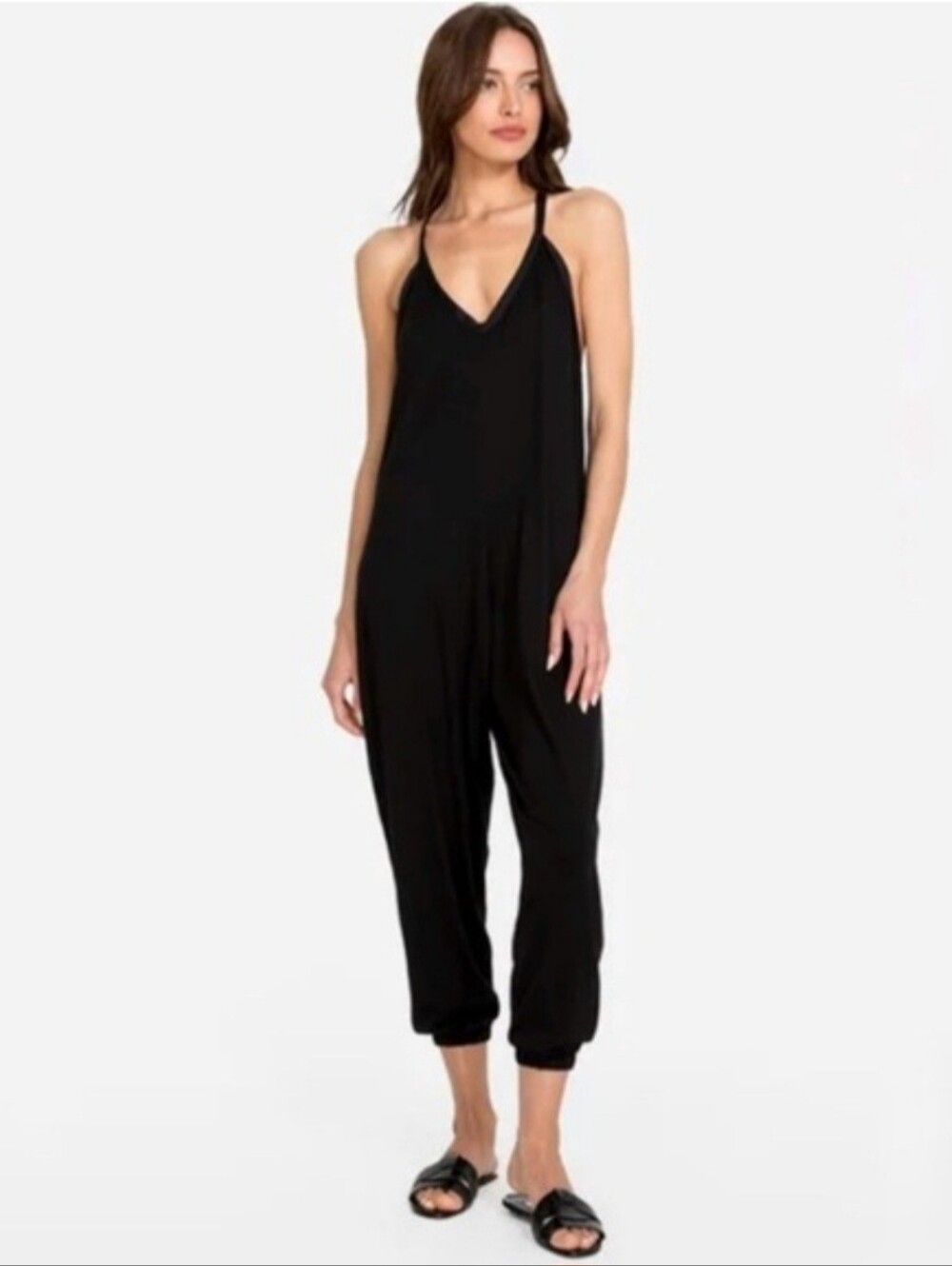 Johnny Was Calmè Black Slub Knit Jumpsuit Romper Tie Neck Drop Crotch Womens L